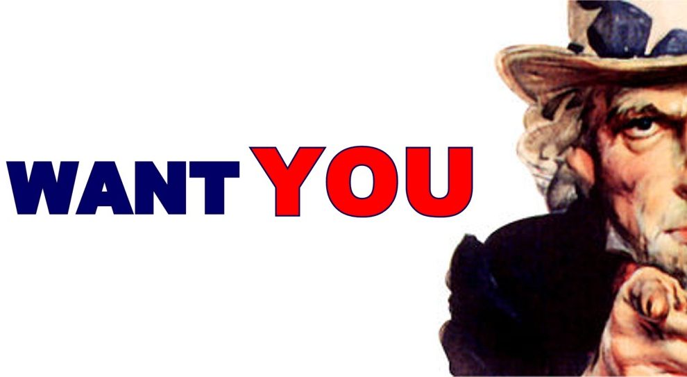Iconic Uncle Sam image saying, "We want YOU"
