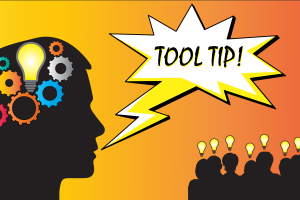 Cartoon image of a person in silhouette communicating a tool tip to an audience