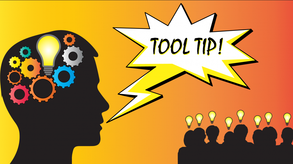 Cartoon image of a person in silhouette communicating a tool tip to an audience